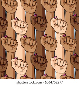 Vector seamless pattern of woman's fist different nationalities and skin color. 