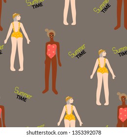 Vector seamless pattern with women in bikinis and text - "summer time" on gray background.Funny repeat design for fabric or wrapping paper. 