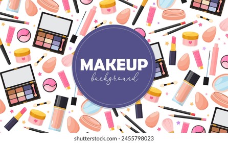 Vector seamless pattern with women cosmetics product includes blushes,eyelashes,eyeshadow,face cream,face powder,foundation,lip gloss,lip pencils,lipstick,brush,sponge,mascara.