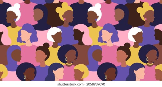 vector seamless pattern with women of different races and nationalities. variety, diversity. trend illustration in flat style