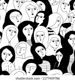Vector seamless pattern with women faces. International Women's Day.Feminism. Hand drawn illustration.