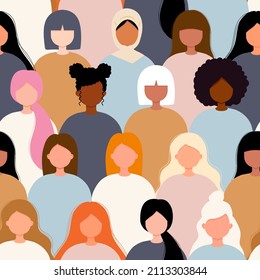 Vector seamless pattern with women faces. Female diverse faces of different ethnicity. International Women's Day. 