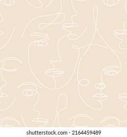 Vector seamless pattern with women faces continuous Line art