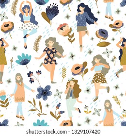 Vector seamless pattern with women and flowers. 8 march. International Women's Day. Vector illustration