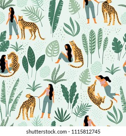 Vector seamless pattern with women, leopards and tropical leaves. Trendy design for paper, cover, fabric and other users.