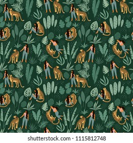 Vector seamless pattern with women, leopards and tropical leaves. Trendy design for paper, cover, fabric and other users.