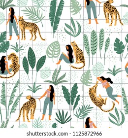 Vector seamless pattern with women, leopards and tropical leaves. Trendy design for paper, cover, fabric and other users. Vector seamless pattern with women, leopards and tropical leaves. Trendy design for paper, cover, fabric and other users.