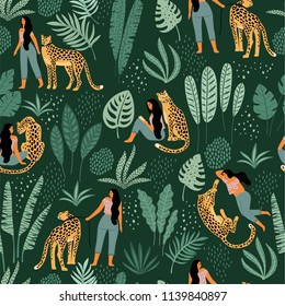 Vector seamless pattern with women, leopards and tropical leaves. Trendy design for paper, cover, fabric and other users. Vector seamless pattern with women, leopards and tropical leaves. Trendy design for paper, cover, fabric and other users.