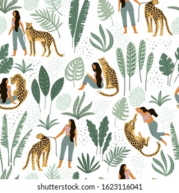 Vector seamless pattern with women, leopards and tropical leaves. Trendy design for paper, cover, fabric and other users.