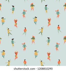 Vector seamless pattern with women skate. Trendy retro style. Design elements.