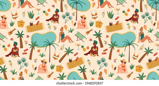 Vector seamless pattern with women in swimsuit on tropical beach. Summer holliday, vacation, travel. Background for summer concept and other use.