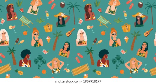 Vector seamless pattern with women in swimsuit on tropical beach. Summer holliday, vacation, travel. Background for summer concept and other use.