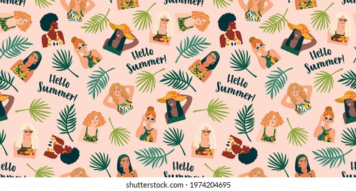 Vector seamless pattern with women in swimsuit and tropical plants. Summer holliday, vacation, travel. Background for summer concept and other use.
