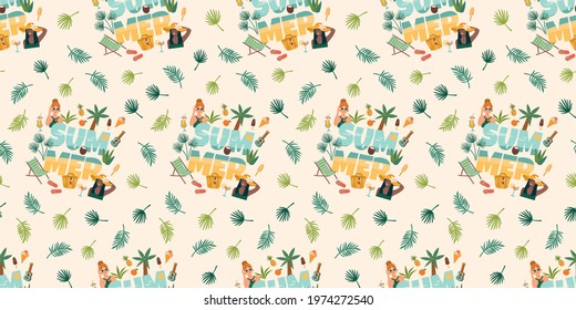 Vector seamless pattern with women in swimsuit on tropical beach. Summer holliday, vacation, travel. Background for summer concept and other use.