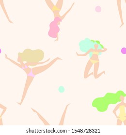 Vector seamless pattern with women in swimsuits on beach playing ball. Design element for summer vacation, beach volleyball, feminism and freedom of women.