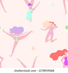 Vector seamless pattern with women in swimsuits on beach playing ball. Design element for summer vacation, beach volleyball, feminism and freedom of women.
