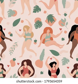Vector seamless pattern with women and tropical leaves. Abstract geometric shapes. Pastel colors. Women in lingerie or bikini. Trendy flat style illustration.