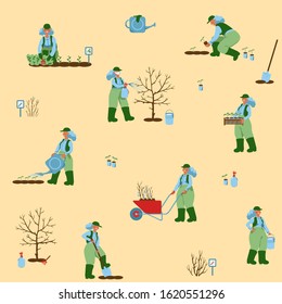 Vector seamless pattern with women working in the garden. Spring routines, cute details.