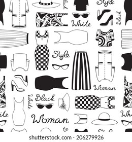 Vector seamless pattern with women's clothing in black and white style . Background for use in design, web site, packing, textile, fabric