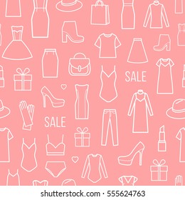 Vector seamless pattern of  women's clothing and accessories. Shopping icons, fashion.