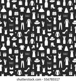 Vector seamless pattern of  women's clothing and accessories. Fashion icons.