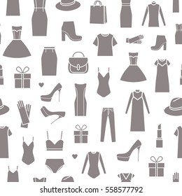 Vector seamless pattern of  women's clothing and accessories. Wrapping paper pattern. Gray print on white background.