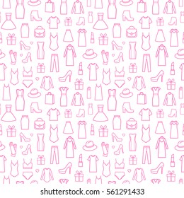 Vector seamless pattern of  women's clothing and accessories. Pink print on white background. Fashion icons in seamless pattern.