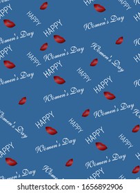 Vector seamless pattern for women's day. Bright red lips and the inscription. Blue background.