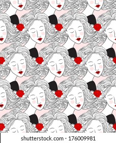 Vector seamless pattern with women's faces. 