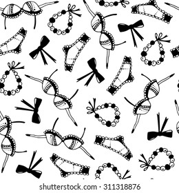 vector seamless pattern, women's fashion bra, panties, beads on a ribbon and bow, on a white background