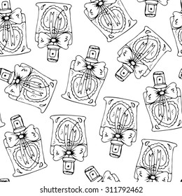 vector seamless pattern, women's fashion perfume bottle, on a white background