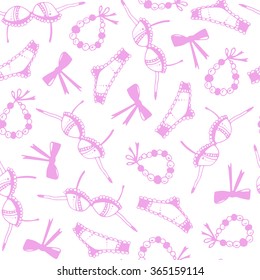 Vector seamless pattern, women's fashion bra, panties, beads on a ribbon and bow. Pink line on a white background