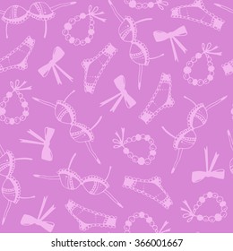 Vector seamless pattern, women's fashion bra, panties, beads on a ribbon and bow. Pink line on a crimson background