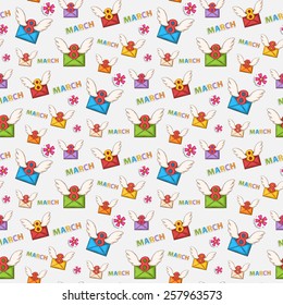 Vector seamless pattern Womens International Day on March 8 on a white background with shadow.Email.flowers,wings,text,sticker