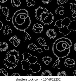 Vector seamless pattern with women's jewelry and accessories on black color. Background on the theme of fashion and beauty
