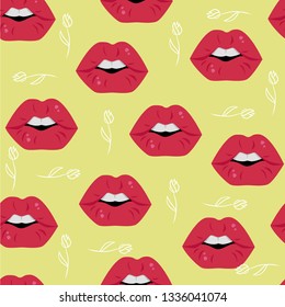 vector seamless pattern with womens lips and roses on yellow background. it can be used as a design of postcards, wrapping paper, packaging, textiles, paper production and other things.