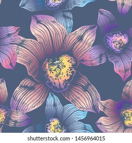 Vector seamless pattern wonderful colorful orchid hand-drawn in graphic and real-style at the same time. Delicate colors: pink, purple, yellow, beige. Looks vintage, beautiful, decoration for holidays