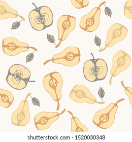 Vector seamless pattern with wonderful colorful tasty nice fruit, hand-drawn in graphic, real-style at the same time. Seasonal color green. Green leaf. The scattered, juicy retro apple and pear halves