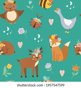 Vector seamless pattern with woodland animals, insects and birds. Boho forest repeating background. Bohemian digital paper with fox, owl, bear, deer, ladybug, goose with flowers on heads. 
