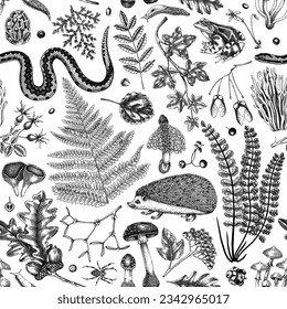 Vector seamless pattern with woodland animals, ferns, mushrooms, fall leaves and autumn plant sketch. Monochrome botanical repeating texture. Hand-drawn autumn forest background for print