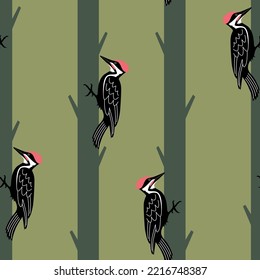 Vector seamless pattern with woodpeckers on trees in the forest