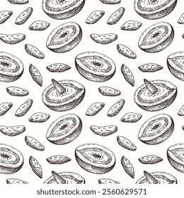 Vector seamless pattern with woody plant Dipteryx fragrans, fruits and seeds. Hand drawn repeating background with Mexican vanilla Tonka beans. Seasoning, incense, talisman, food ingredient