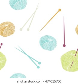 Vector seamless pattern with wool and needles. Knitting elements.