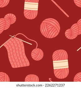 Vector seamless pattern with wool yarn balls and skeins, knitting needles and crochet hooks. Background with knitting tools in red colors. Cozy crafting hobby. Pattern with wool yarn in flat design. svg