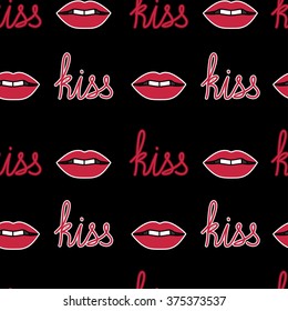 Vector seamless pattern with word kiss and red lips with white and red contour on black background