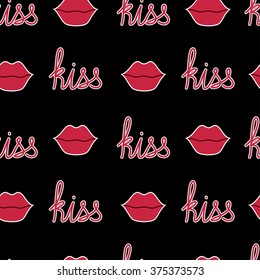 Vector seamless pattern with word kiss and red lips with white contour on black background