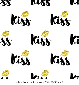 Vector seamless pattern with word and small golden glitter Kiss imprint isolated on the white background.
