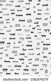 vector seamless pattern of words "live,love,enjoy,create, do, act, dream, wish".  Lettering of words with  differend fonts.
Motivation postcard. Vector packaging,
wrapper.
Light background.