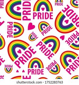 A vector seamless pattern of the words pride. Pride lesbian, gay, bisexual transgender, heart, rainbow on a white background. Symbol of the LGBT community. For fabric, wallpaper, wrapping, websites.