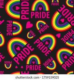 A vector seamless pattern of the words pride. Pride lesbian, gay, bisexual transgender, heart, rainbow on a black background. Symbol of the LGBT community. For fabric, wallpaper, wrapping, websites.